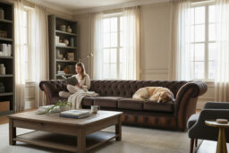 Chesterfield 5 Seater Sofa Antique Tan Leather Pimlico Mocha Fabric In Jepson Style - thumbnail 3
