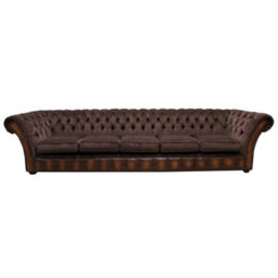 Chesterfield 5 Seater Sofa Antique Tan Leather Pimlico Mocha Fabric In Jepson Style - thumbnail 1