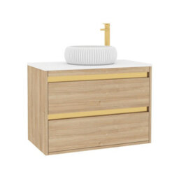 Royal Bathrooms Orion 800mm Natural Oak Wall Hung Plain White Countertop Vanity Unit 2 Drawer With Milan Basin & Brushed Brass Accent Trim - thumbnail 6
