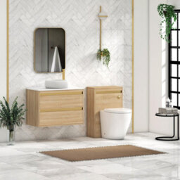 Royal Bathrooms Orion 800mm Natural Oak Wall Hung Plain White Countertop Vanity Unit 2 Drawer With Milan Basin & Brushed Brass Accent Trim - thumbnail 3