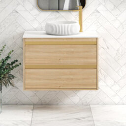 Royal Bathrooms Orion 800mm Natural Oak Wall Hung Plain White Countertop Vanity Unit 2 Drawer With Milan Basin & Brushed Brass Accent Trim