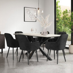 More4Homes Juno White Marble Ceramic Dining Table & 6 Anika Velvet Black Chairs - thumbnail 1