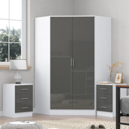 Reflect 3Pc Wardrobe Bundle - 2 Door Corner + 2X 3 Drawer Bedsides - Grey Gloss & Matt White - H: 180Cm X W: 179Cm X D: 103Cm - thumbnail 1