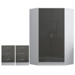 Reflect 3Pc Wardrobe Bundle - 2 Door Corner + 2X 3 Drawer Bedsides - Grey Gloss & Matt White - H: 180Cm X W: 179Cm X D: 103Cm - thumbnail 5