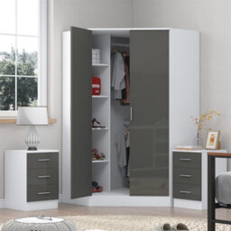 Reflect 3Pc Wardrobe Bundle - 2 Door Corner + 2X 3 Drawer Bedsides - Grey Gloss & Matt White - H: 180Cm X W: 179Cm X D: 103Cm - thumbnail 2