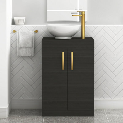 Royal Bathrooms 600mm Hale Black Floor Standing Vanity Unit 2 Door & Countertop Basin - Breeze With Brushed Brass Handle - image 1