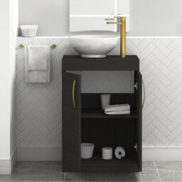 Royal Bathrooms 600mm Hale Black Floor Standing Vanity Unit 2 Door & Countertop Basin - Breeze With Brushed Brass Handle - thumbnail 3