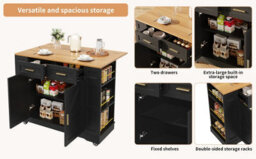 Abrihome Mobile Kitchen Island Cart W/ 2 Drawers, Foldable Worktop & Storage Racks - Black, Space-Saving - thumbnail 8
