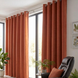 Luxury Living Velvet Chenille Eyelet Curtains Ready Made Pair Orange - thumbnail 6