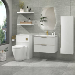 Royal Bathrooms Evora 700mm Matt White Fluted Wall Hung Bathroom Vanity Unit 2 Drawer Cabinet Storage With Stone Basin & Brushed Brass Handles - thumbnail 4