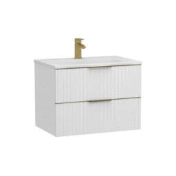 Royal Bathrooms Evora 700mm Matt White Fluted Wall Hung Bathroom Vanity Unit 2 Drawer Cabinet Storage With Stone Basin & Brushed Brass Handles - thumbnail 7