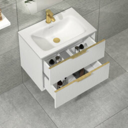 Royal Bathrooms Evora 700mm Matt White Fluted Wall Hung Bathroom Vanity Unit 2 Drawer Cabinet Storage With Stone Basin & Brushed Brass Handles - thumbnail 5