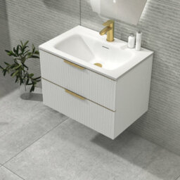 Royal Bathrooms Evora 700mm Matt White Fluted Wall Hung Bathroom Vanity Unit 2 Drawer Cabinet Storage With Stone Basin & Brushed Brass Handles - thumbnail 6
