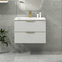 Royal Bathrooms Evora 700mm Matt White Fluted Wall Hung Bathroom Vanity Unit 2 Drawer Cabinet Storage With Stone Basin & Brushed Brass Handles