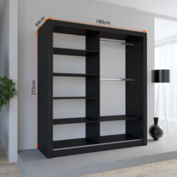 Fhi Wales 180Cm Black Sliding Door Wardrobe Modern Bedroom Storage With Shelves And Hanging Rails - thumbnail 2