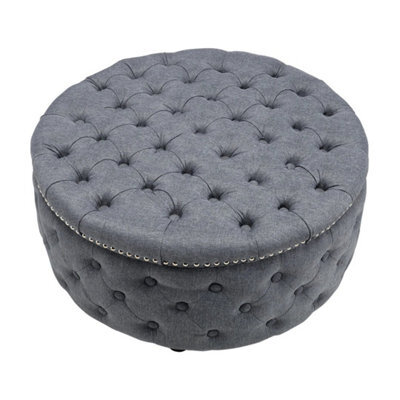 Large Round Chesterfield Footstool Pouffe Grey Linen Button Tufted Coffee Table - image 1