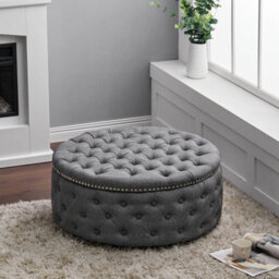 Large Round Chesterfield Footstool Pouffe Grey Linen Button Tufted Coffee Table - thumbnail 6