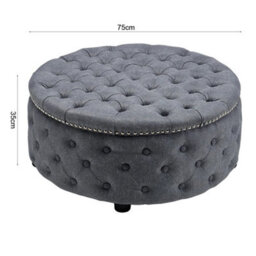 Large Round Chesterfield Footstool Pouffe Grey Linen Button Tufted Coffee Table - thumbnail 2