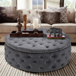 Large Round Chesterfield Footstool Pouffe Grey Linen Button Tufted Coffee Table - thumbnail 3