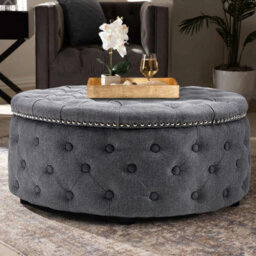 Large Round Chesterfield Footstool Pouffe Grey Linen Button Tufted Coffee Table - thumbnail 4