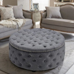 Large Round Chesterfield Footstool Pouffe Grey Linen Button Tufted Coffee Table - thumbnail 5
