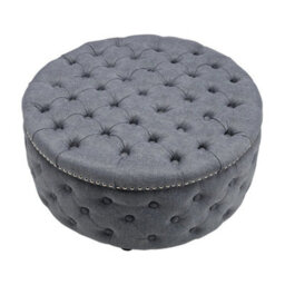Large Round Chesterfield Footstool Pouffe Grey Linen Button Tufted Coffee Table - thumbnail 1