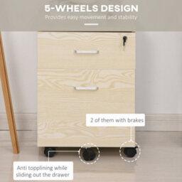 Vinsetto 2-Drawer Locking Office Filing Cabinet 5 Wheels Rolling Storage Oak - thumbnail 7
