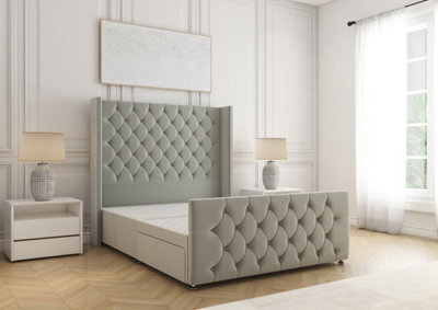 Bsspoke Divan Base Bed Set Silver Plush Velvet With 54Inch Headboard & Footboard No Drawers No Mattress In Double 3Ft 4Ft 5Ft 6Ft - image 1