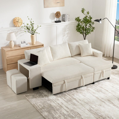 Abrihome Beige L-Shaped Convertible Corner Sofa Bed With Pull-Out, Usb-C, 2 Ottomans, Pillows & Storage Chaise - image 1