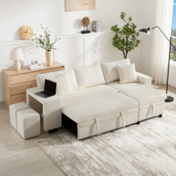 Abrihome Beige L-Shaped Convertible Corner Sofa Bed With Pull-Out, Usb-C, 2 Ottomans, Pillows & Storage Chaise
