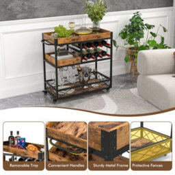 Costway 3-Tier Industrial Kitchen Serving Cart Rolling Bar Serving Trolley W/ Wine Rack - thumbnail 9