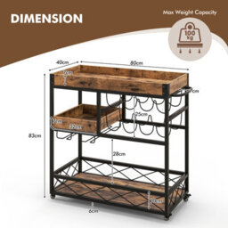 Costway 3-Tier Industrial Kitchen Serving Cart Rolling Bar Serving Trolley W/ Wine Rack - thumbnail 2