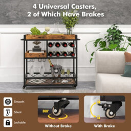 Costway 3-Tier Industrial Kitchen Serving Cart Rolling Bar Serving Trolley W/ Wine Rack - thumbnail 7