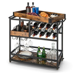 Costway 3-Tier Industrial Kitchen Serving Cart Rolling Bar Serving Trolley W/ Wine Rack - thumbnail 1
