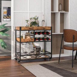Costway 3-Tier Industrial Kitchen Serving Cart Rolling Bar Serving Trolley W/ Wine Rack - thumbnail 5