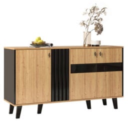 Matteo Modern 3-Door Sideboard With Led Lighting And Wood/black Finish - 140Cm - thumbnail 1