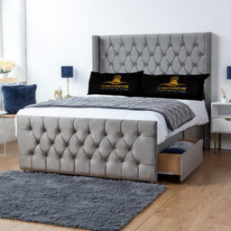 UKBEDFURNITURE Emily Grey Plush Wingback Divan Bed With 2 Foot End Drawers & 54 Inch Headboard - thumbnail 1