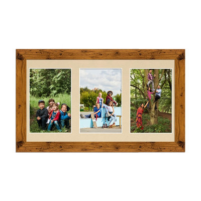 AK Frames 40X20Cm Rustic Oak Modern Multi Photo Frame With Ivory Mount - Holds 3 Apertures (3X) 6X4 Photos - image 1