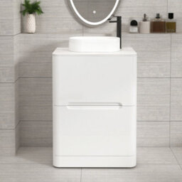 Royal Bathrooms Venice 600mm Gloss White Freestanding Bathroom Countertop Vanity Unit 2 Drawer With Lyon Basin - thumbnail 1