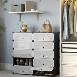 Songmics Interlocking Shoe Rack, Rectangular Storage Organiser, 10-Slot Modular Diy Storage Shelf Unit, 40 X 30 X 17 Cm For Each Slot - thumbnail 1