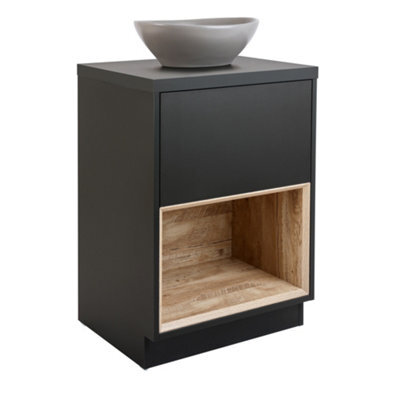 Homestylestore Dark Oak 600mm Led Lit Bathroom Vanity Unit Rectangular Pebble Basin And Open Shelf - image 1