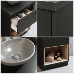 Homestylestore Dark Oak 600mm Led Lit Bathroom Vanity Unit Rectangular Pebble Basin And Open Shelf - thumbnail 2