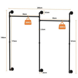 Black Heavy Duty Pipe Clothes Rack Industrial Clothes Rail Portable Hanging Shelf 30Kg - thumbnail 2