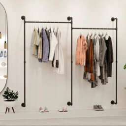 Black Heavy Duty Pipe Clothes Rack Industrial Clothes Rail Portable Hanging Shelf 30Kg - thumbnail 1
