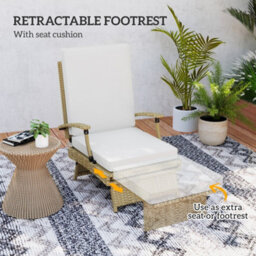 Outsunny Foldable Rattan Garden Recliner Chair W/ Cushion, Footrest, Beige - thumbnail 6