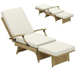Outsunny Foldable Rattan Garden Recliner Chair W/ Cushion, Footrest, Beige - thumbnail 2