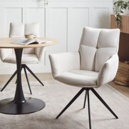 Wyld And Coco Modern Swivel Dining Chair - Off-White Polyester Upholstery, Black Iron Legs - thumbnail 2
