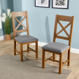 Home Source Holcombe Pair Of Assembled High Cross Backed Dining Chairs Grey Checked Seat Solid Oak Legs - thumbnail 2