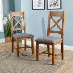 Home Source Holcombe Pair Of Assembled High Cross Backed Dining Chairs Grey Checked Seat Solid Oak Legs
