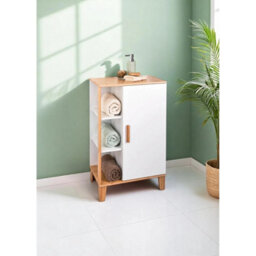 White Bamboo Bathroom Cabinet Shelves Freestanding Storage Unit - thumbnail 1